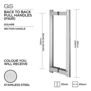 Main product view showing QS Stainless Steel Pull Handle — tough stainless shine for doors, 10x20mm (d) x 265mm (l).
