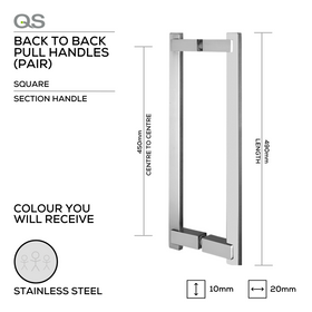 QS2613 Oblong, Pull Handle, Square, Oblong, Section Handle, BTB, 10x20mm (d) x 490mm (l) x 450mm (ctc), Stainless Steel, QS