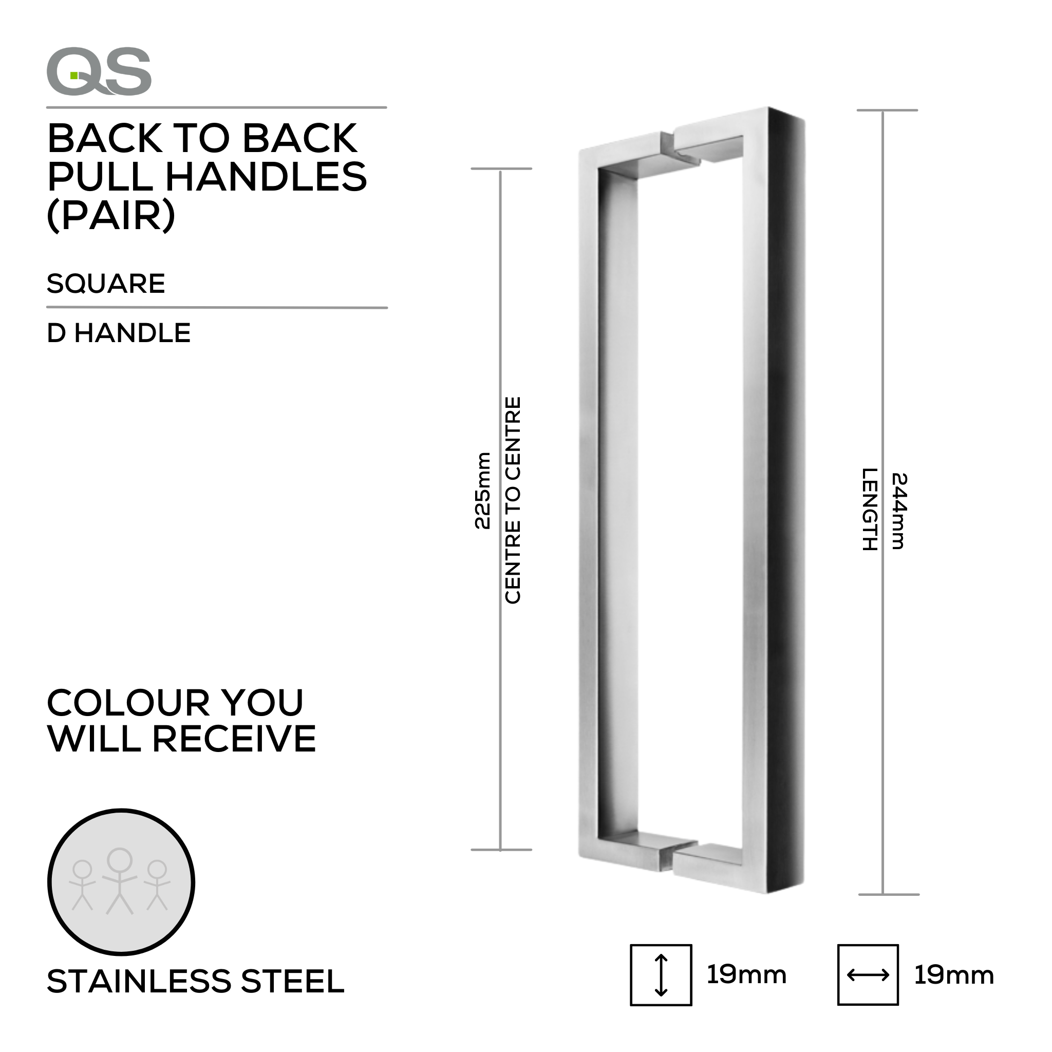 QS2621 SQ SECT, Pull Handle, Square, D Handle, BTB, 19mm (d) x 244mm
