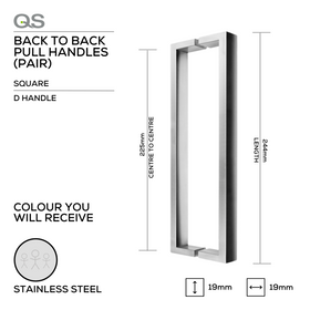 QS2621 SQ SECT, Pull Handle, Square, D Handle, BTB, 19mm (d) x 244mm (l) x 225mm (ctc), Stainless Steel, QS