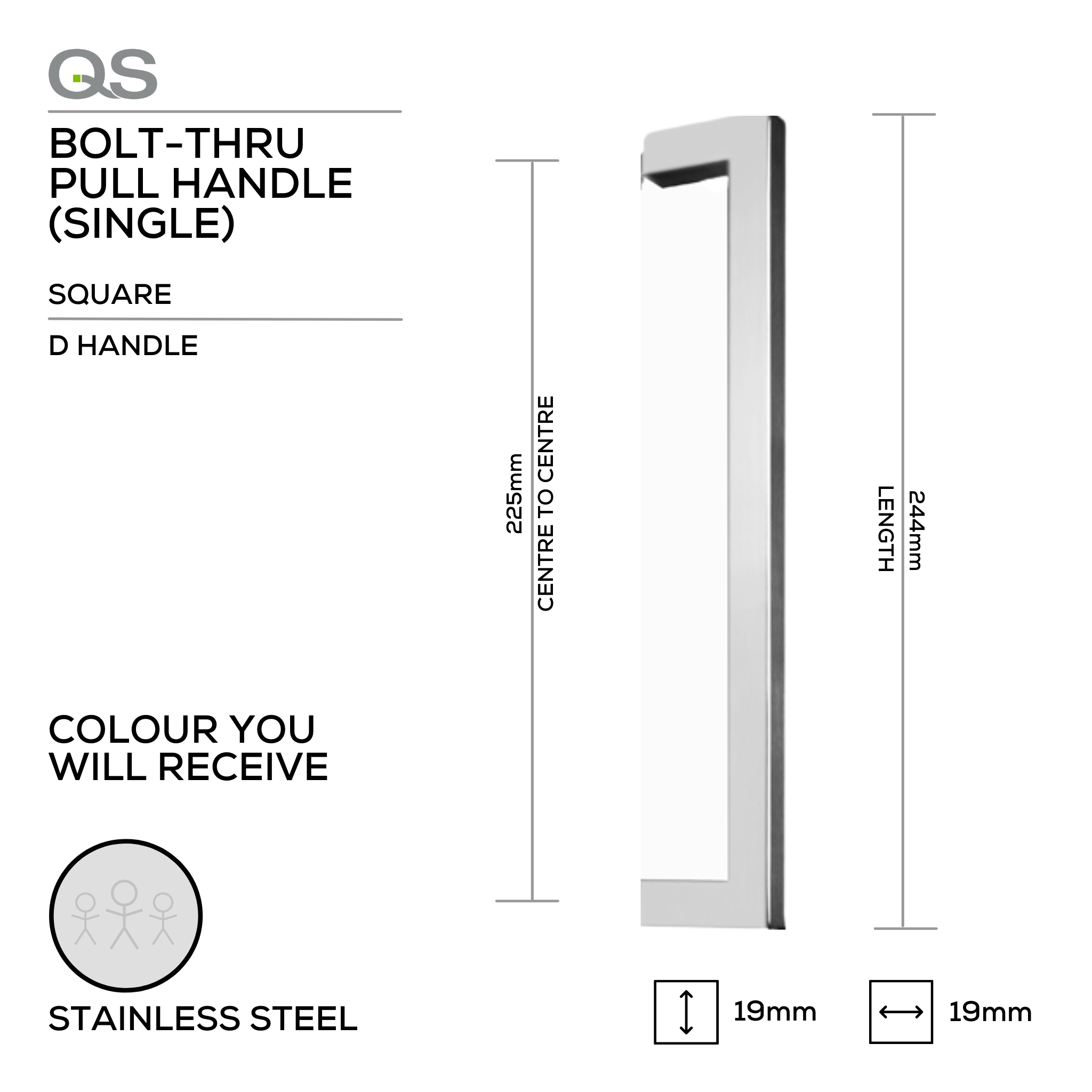 QS2621/1 SQ SECT, Pull Handle, Square, D Handle, BoltThru, 19mm (d) x 244mm (l) x 225mm (ctc), Stainless Steel, QS