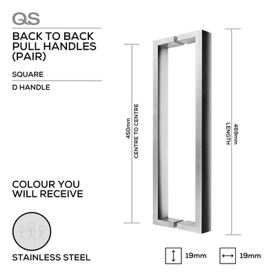 Main product view showing QS Stainless Steel Pull Handle — tough stainless shine for doors, 19mm (d) x 469mm (l).
