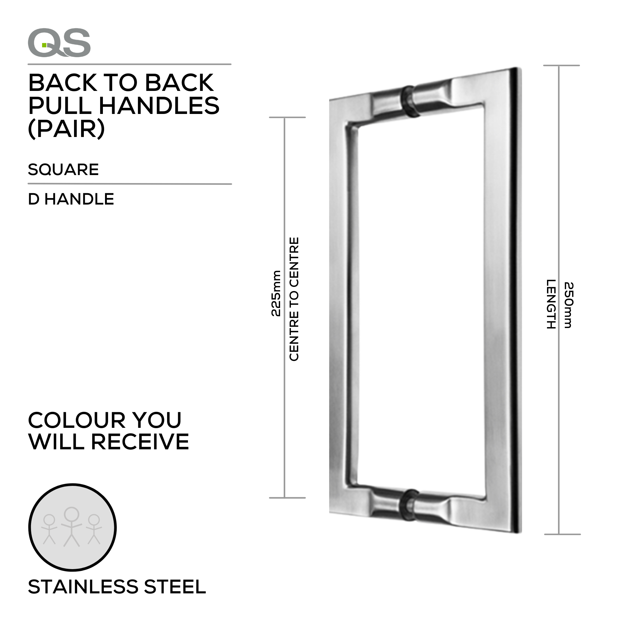 QS2627/P Pello, Pull Handle, Square, D Handle, BTB, 250mm (l) x 225mm (ctc), Stainless Steel, QS