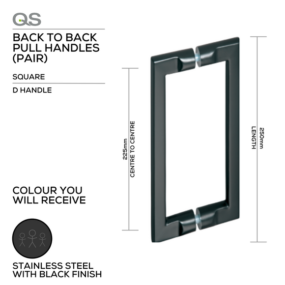 QS2627/P/BL Pello, Pull Handle, Square, D Handle, BTB, 250mm (l) x 225mm (ctc), Black Stainless Steel, QS