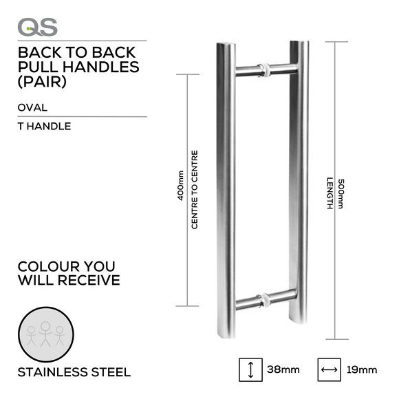 QS2631 Oval T, Pull Handle, Oval, T Handle, BTB, 38x19mm (Ø) x 500mm (l) x 400mm (ctc), Stainless Steel, QS