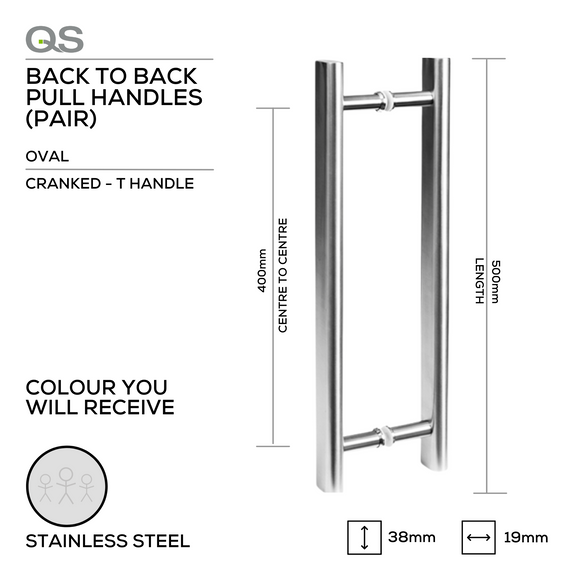 QS2632 Cranked Oval T, Pull Handle, Oval, T Handle, BTB, 38x19mm (Ø) x 500mm (l) x 400mm (ctc), Stainless Steel, QS