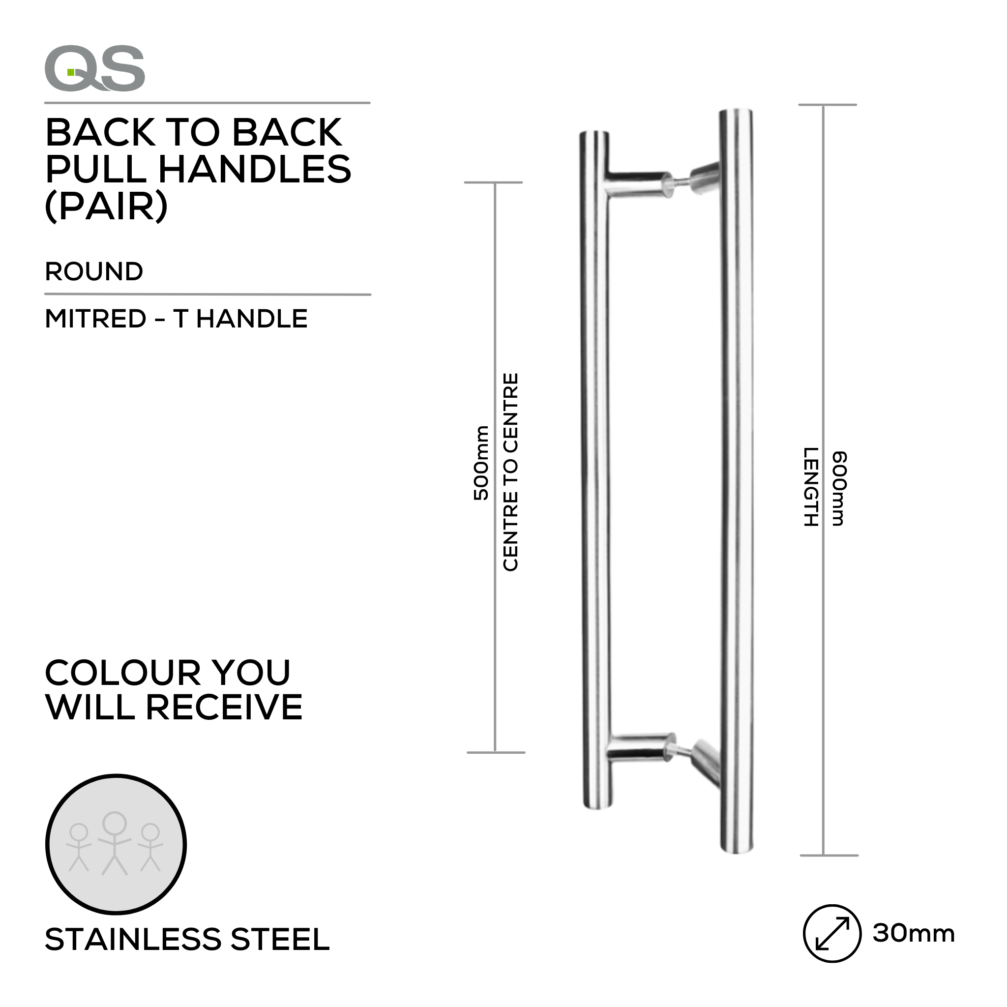 QS2701 Mitred T, Pull Handle, Round, Mitred, T Handle, BTB, 30mm (Ø) x 600mm (l) x 500mm (ctc), Stainless Steel, QS