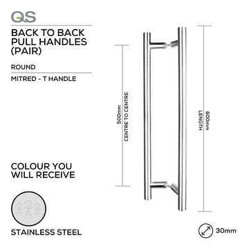 QS Stainless Steel Pull Handle main product view for doors — strong stainless style, 30mm (Ø) x 600mm (l).