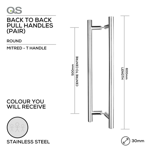 QS2701 Mitred T, Pull Handle, Round, Mitred, T Handle, BTB, 30mm (Ø) x 600mm (l) x 500mm (ctc), Stainless Steel, QS