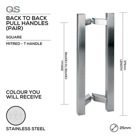 QS2704 SQ Mitred T, Pull Handle, Square, Mitred, T Handle, BTB, 25mm (d) x 375mm (l) x 300mm (ctc), Stainless Steel, QS