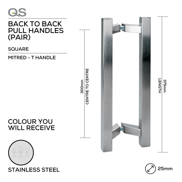 QS2704 SQ Mitred T, Pull Handle, Square, Mitred, T Handle, BTB, 25mm (d) x 375mm (l) x 300mm (ctc), Stainless Steel, QS