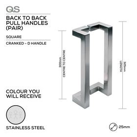 QS2705 SQ Cranked D, Pull Handle, Square, Cranked, D Handle, BTB, 25mm (d) x 325mm (l) x 300mm (ctc), Stainless Steel, QS