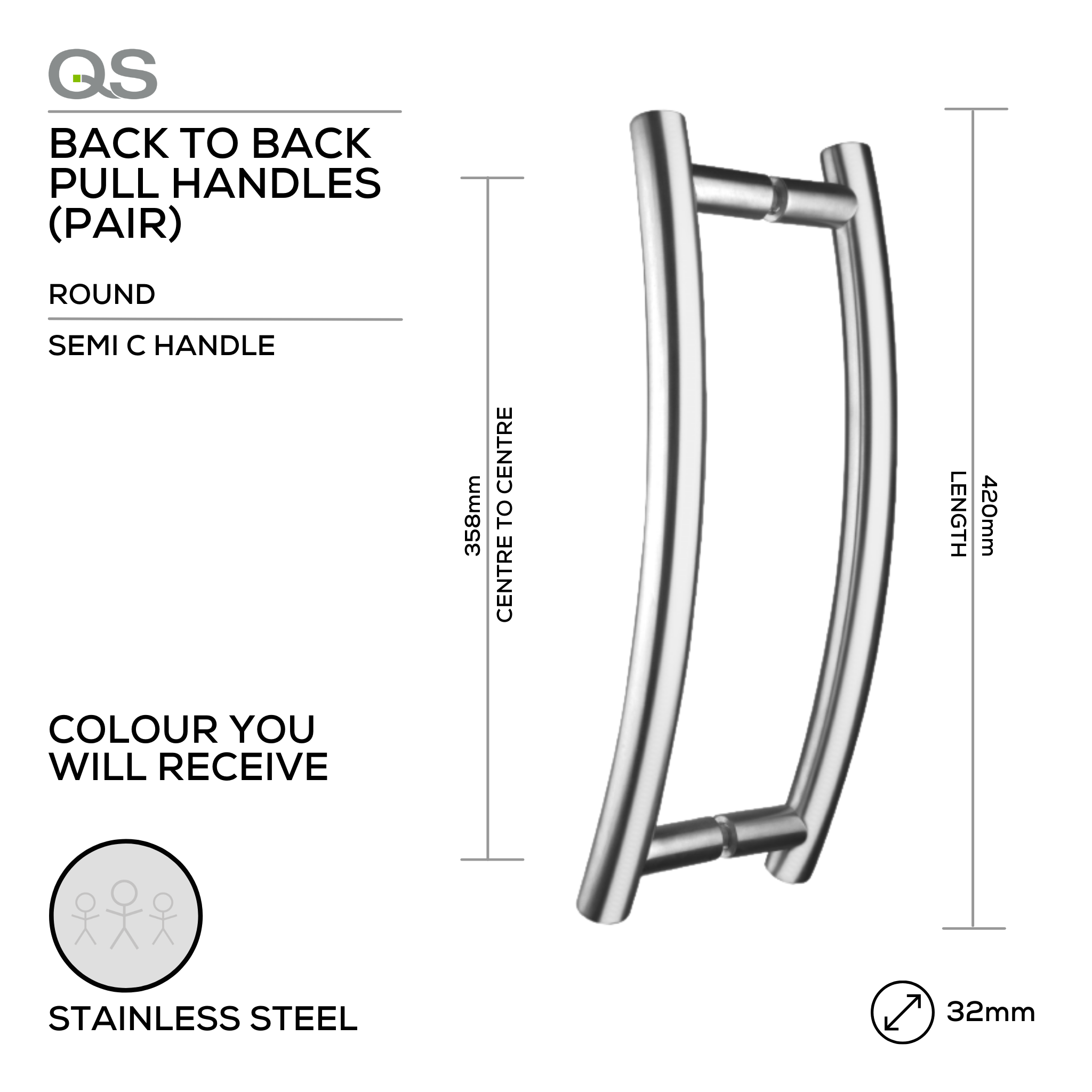 QS2801 Semi C Handle, Pull Handle, Round, Semi C Handle, BTB, 32mm (Ø) x 420mm (l) x 358mm (ctc), Stainless Steel, QS