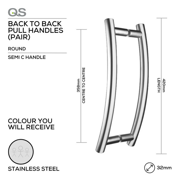 QS2801 Semi C Handle, Pull Handle, Round, Semi C Handle, BTB, 32mm (Ø) x 420mm (l) x 358mm (ctc), Stainless Steel, QS