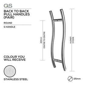 QS2901 S Handle, Pull Handle, Round, S Handle, BTB, 25mm (Ø) x 600mm (l) x 400mm (ctc), Stainless Steel, QS