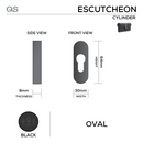 QS4405 BLACK, Cylinder Escutcheon, Oval Rose, 64mm (h) x 30mm (w) x 8mm (t), Black, QS-1