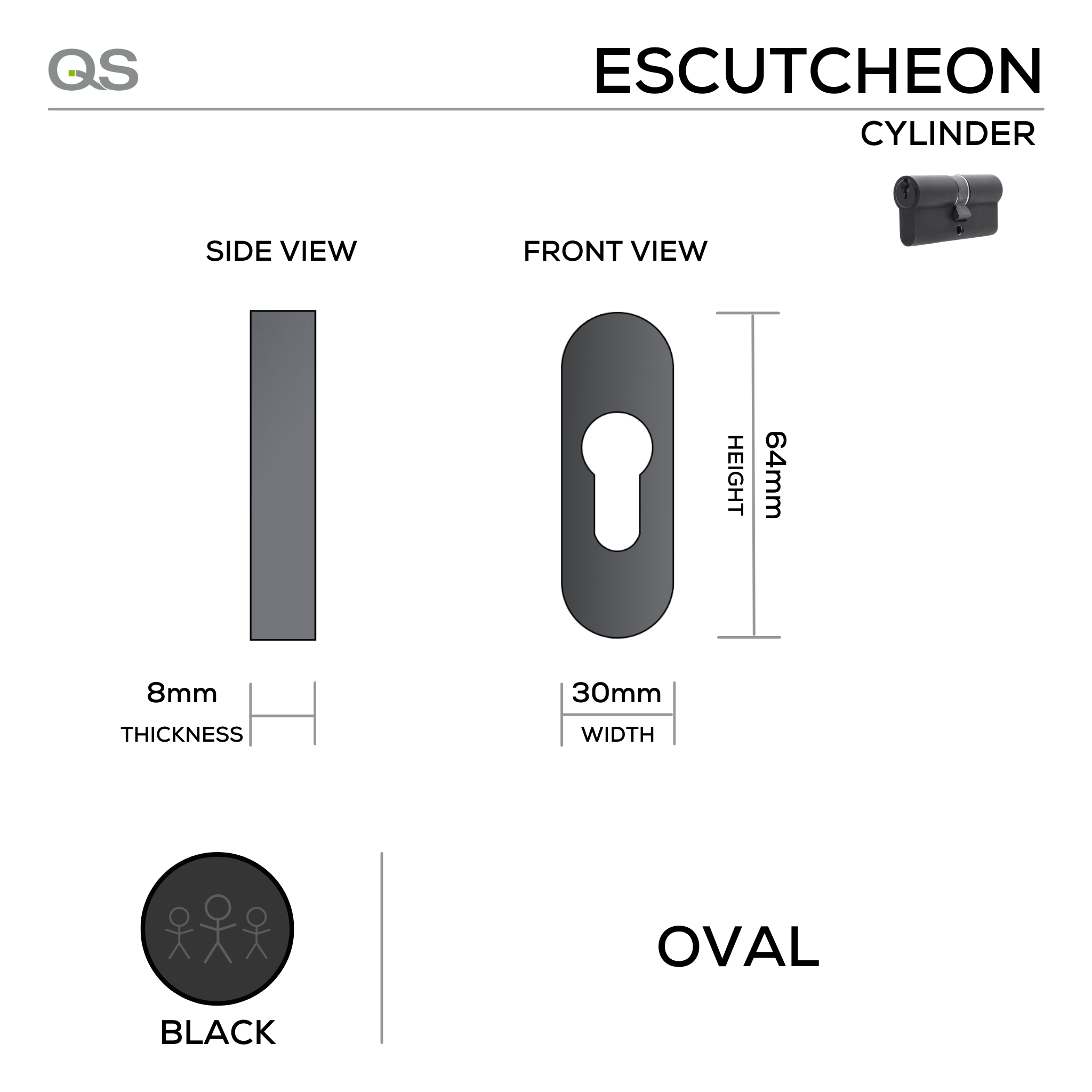 QS4405 BLACK, Cylinder Escutcheon, Oval Rose, 64mm (h) x 30mm (w) x 8mm (t), Black, QS