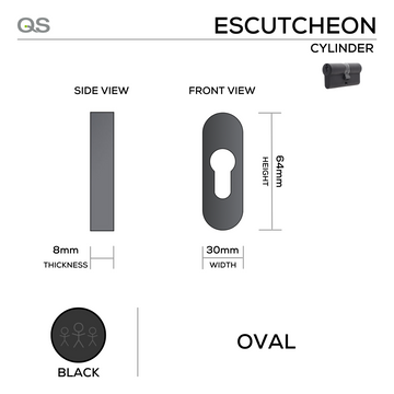 Main product view showing QS Black Cylinder Lock — dark, sleek, and ready to stand out for doors, 64mm (h) x 30mm (w).