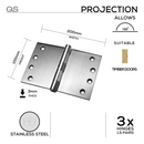 QS4412/3 200mm, Projection Hinge, 2 x Hinges (1 Pair), 100mm (h) x 200mm (w) x 3mm (t), Stainless Steel, QS-1