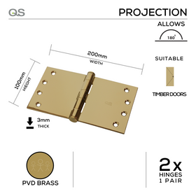 QS4412/3PVD, Projection Hinge, 2 x Hinges (1 Pair), 100mm (h) x 200mm (w) x 3mm (t), PVD Brass, QS
