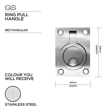 Main product view of QS Stainless Steel Pull Handle, made for doors with clean stainless confidence, 63mm (l) x 44mm (w).