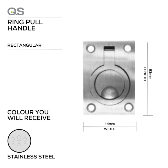 Main product view of QS Stainless Steel Pull Handle, made for doors with clean stainless confidence, 63mm (l) x 44mm (w).