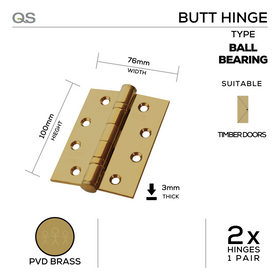 QS4415PVD, Butt Hinge, 2 x Hinges (1 Pair), 100mm (h) x 76mm (w) x 3mm (t), PVD Brass, QS
