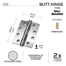 QS4415, Butt Hinge, 2 x Hinges (1 Pair), 100mm (h) x 76mm (w) x 3mm (t), Stainless Steel, QS-1