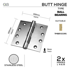 QS4416, Butt Hinge, 2 x Hinges (1 Pair), 100mm (h) x 100mm (w) x 3mm (t), Stainless Steel, QS