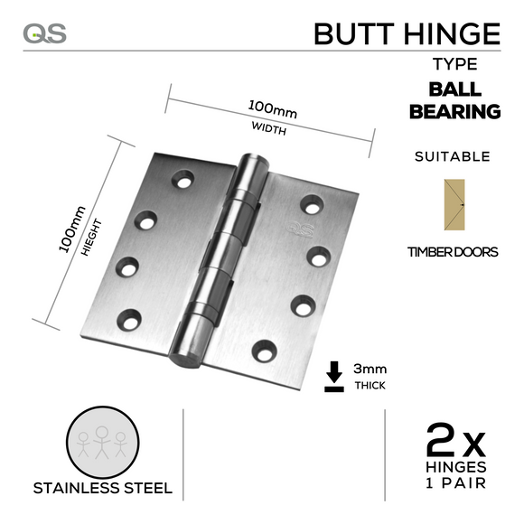QS4416, Butt Hinge, 2 x Hinges (1 Pair), 100mm (h) x 100mm (w) x 3mm (t), Stainless Steel, QS