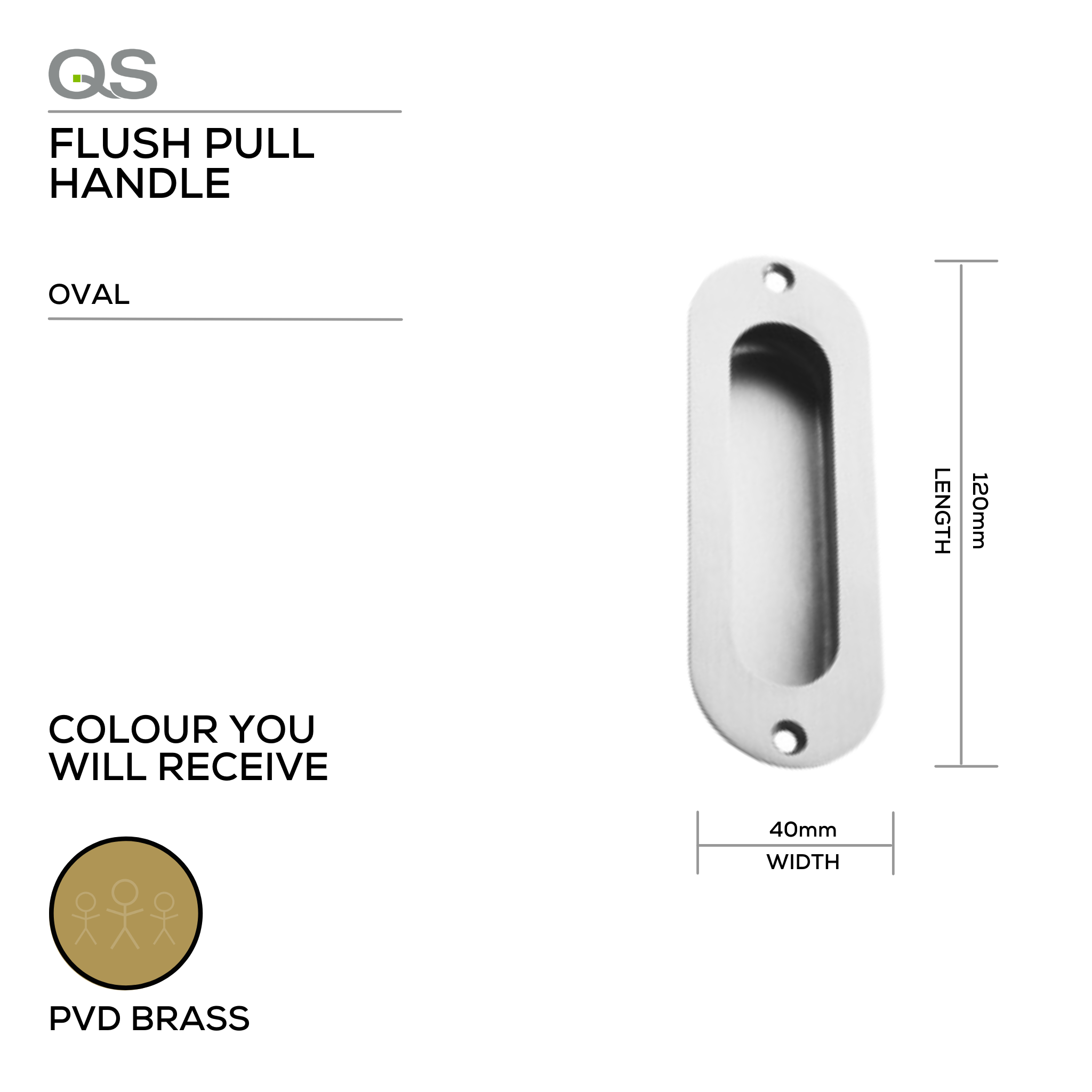 QS4418 PVD, Flush Pull, Oval, 120mm (l) x 40mm (w), PVD Brass, QS