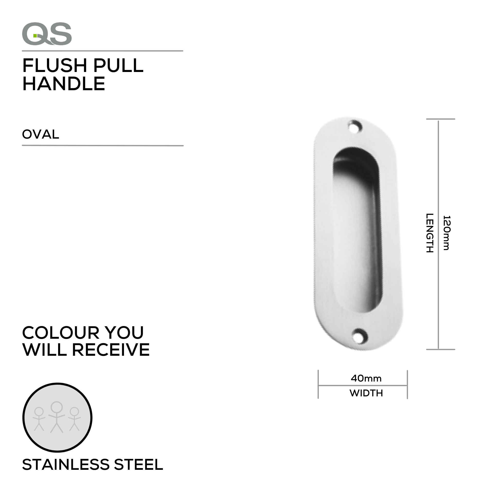 QS4418, Flush Pull, Oval, 120mm (l) x 40mm (w), Stainless Steel, QS