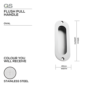 Main product view showing QS Stainless Steel Pull Handle — strong stainless style for doors, 120mm (l) x 40mm (w).