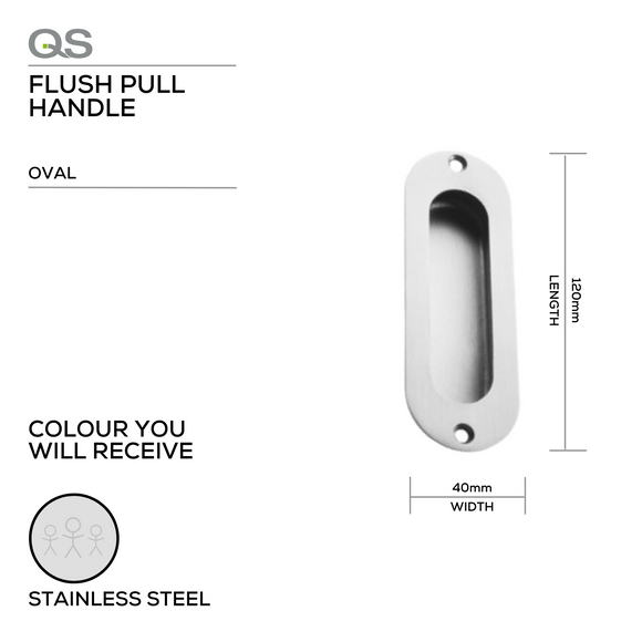 Main product view showing QS Stainless Steel Pull Handle — strong stainless style for doors, 120mm (l) x 40mm (w).