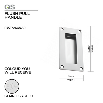 Main product view of QS Stainless Steel Pull Handle, made for doors with tough stainless shine, 102mm (l) x 51mm (w).