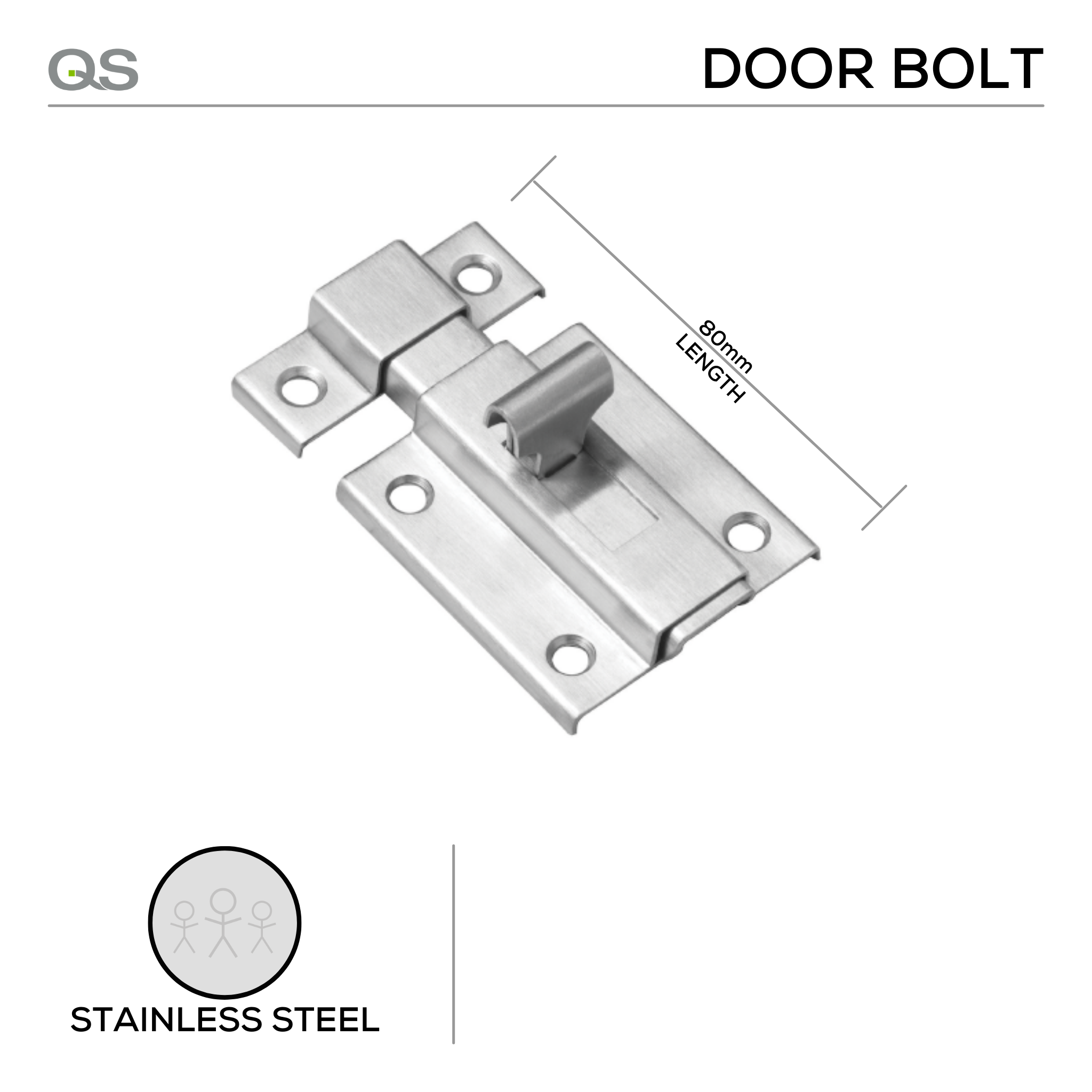 QS4425/2 80, Door Bolt, 80mm (l), Stainless Steel, QS