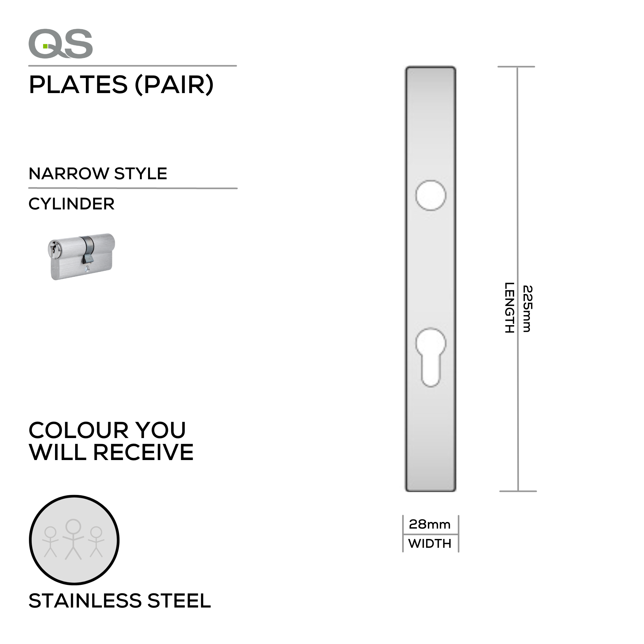 QS4428 CYL, Plate, Cylinder, Narrow Rectangular, 85mm Centres, 225mm (l) x 28mm (w), Supplied without QS Handle, Stainless Steel, QS