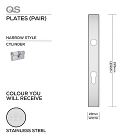 QS4428 CYL, Plate, Cylinder, Narrow Rectangular, 85mm Centres, 225mm (l) x 28mm (w), Supplied without QS Handle, Stainless Steel, QS