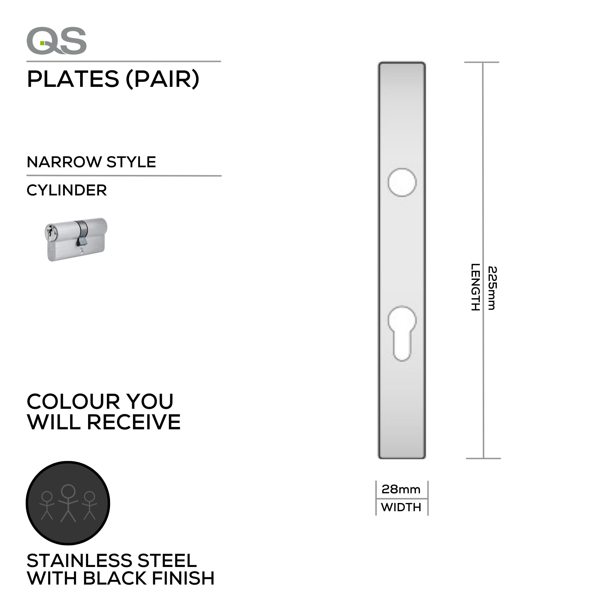 QS4428 BLACK, Plate, Cylinder, Narrow Rectangular, 85mm Centres, 225mm (l) x 28mm (w), Supplied without QS Handle, Black Stainless Steel, QS