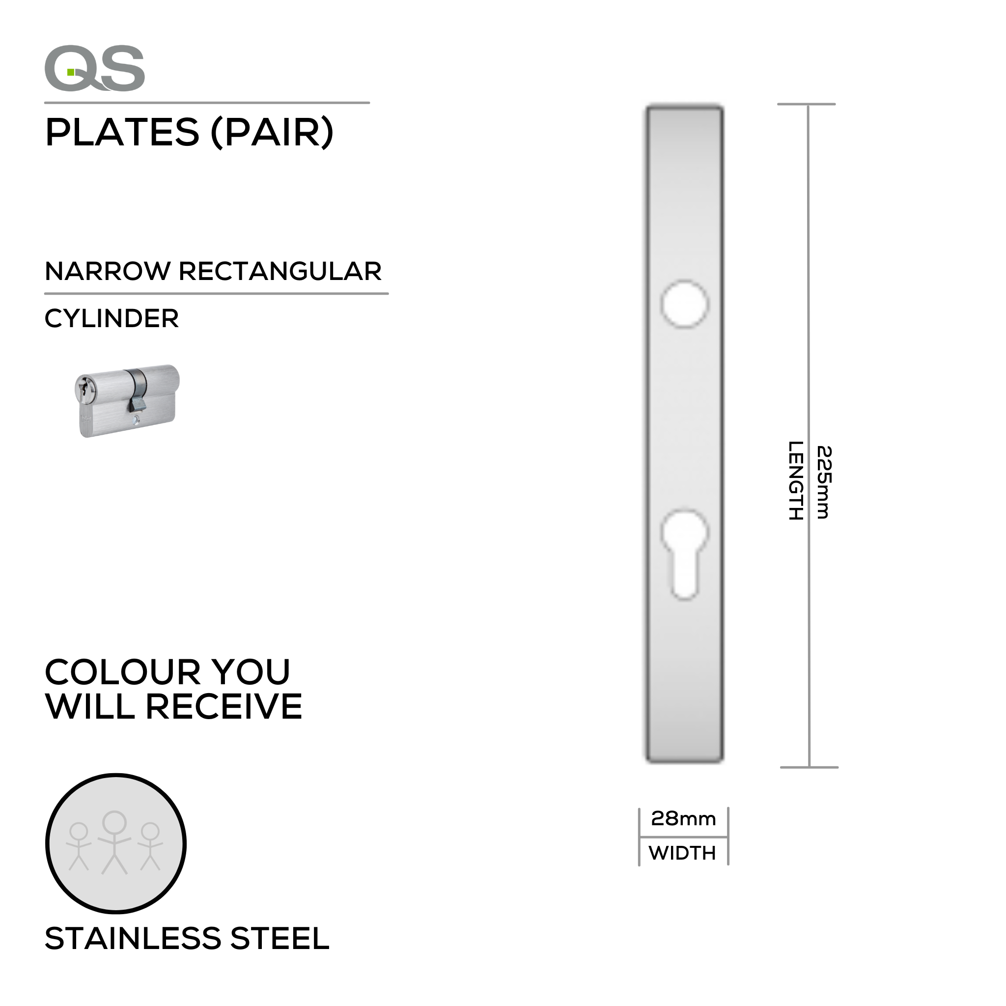 QS4428 CYL, Plate, Narrow Rectangular, 225mm (l) x 28mm (w), Supplied with QS Handle (Price if purchasing a Qs handle at same time), Stainless Steel, QS