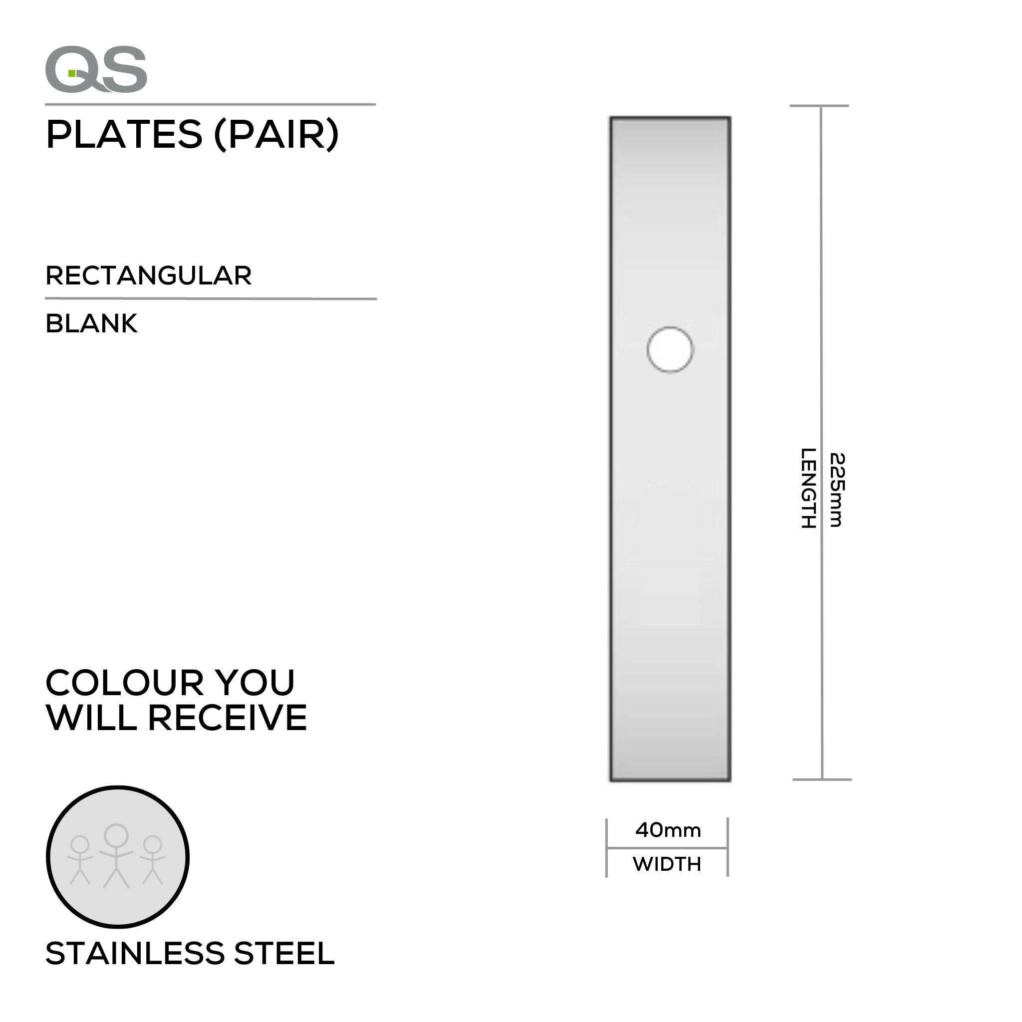 QS4429 BLANK, Plate, Rectangular, 225mm (l) x 40mm (w), Supplied without QS Handle, Stainless Steel, QS