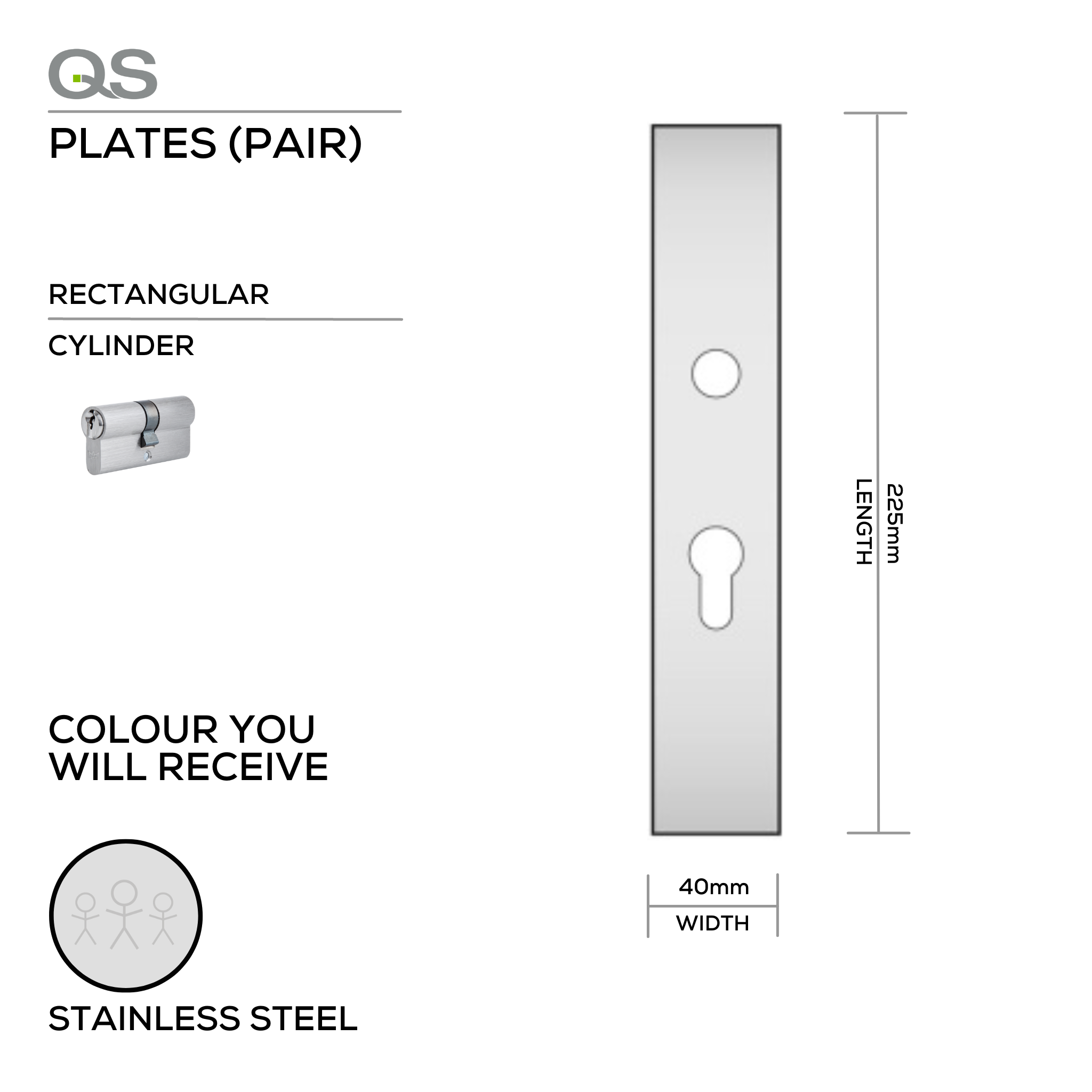 QS4429 CYL, Plate, Cylinder, Rectangular, 65 or 85mm Centres, 225mm (l) x 40mm (w), Supplied without QS Handle, Stainless Steel, QS