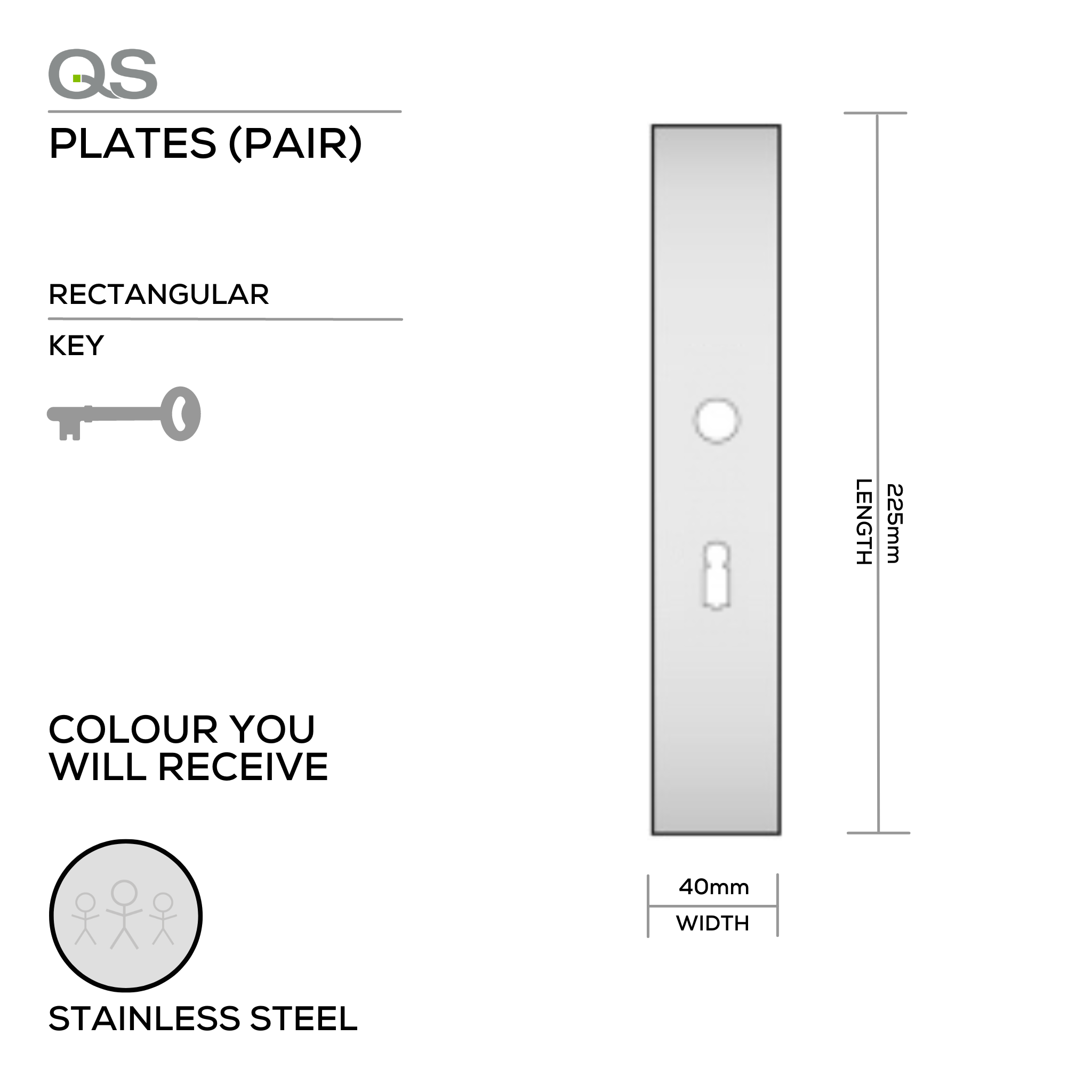 QS4429 KH, Plate, Keyhole, Rectangular, 65mm Centres, 225mm (l) x 40mm (w), Supplied without QS Handle, Stainless Steel, QS