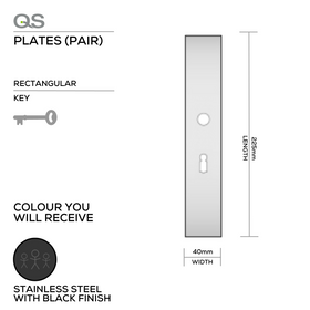 QS4429 KH BLACK, Plate, Keyhole, Rectangular, 65mm Centres, 225mm (l) x 40mm (w), Supplied without QS Handle, Black Stainless Steel, QS
