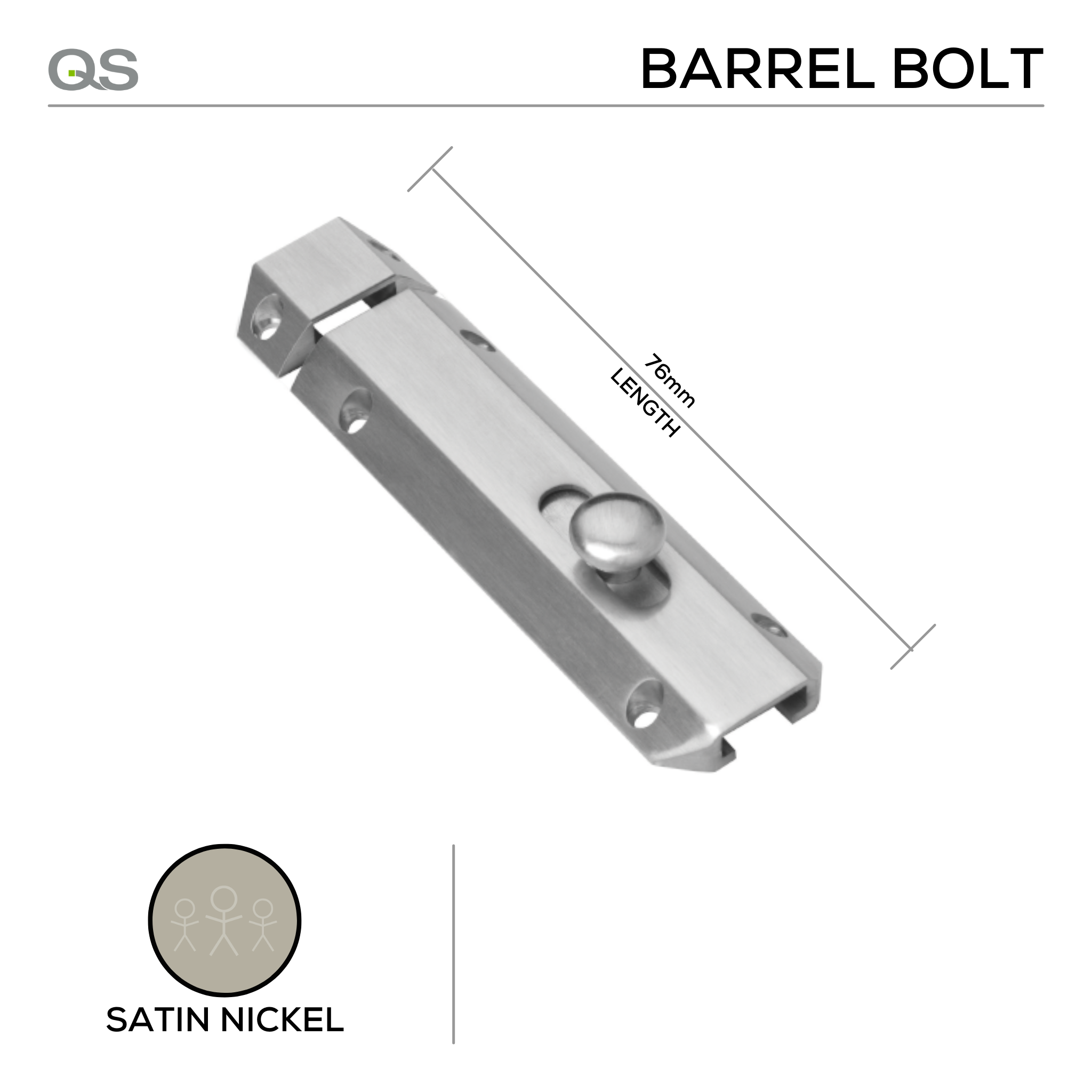 QS4431/1 76, Barrel Bolt, 76mm (l), Satin Nickel, QS