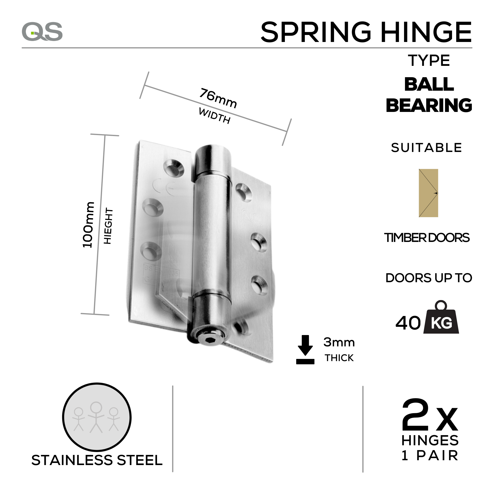 QS 4439 Stainless Steel Hinge 40kg, 100mm (H) X 76mm (W) | The Stickman ...