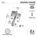 QS4440 LH, Rising Hinge, Left Hand, 2 x Hinges (1 Pair), 100mm (h) x 76mm (w) x 2mm (t), Stainless Steel, QS-1