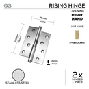 QS4440 RH, Rising Hinge, Right Hand, 2 x Hinges (1 Pair), 100mm (h) x 76mm (w) x 2mm (t), Stainless Steel, QS-1