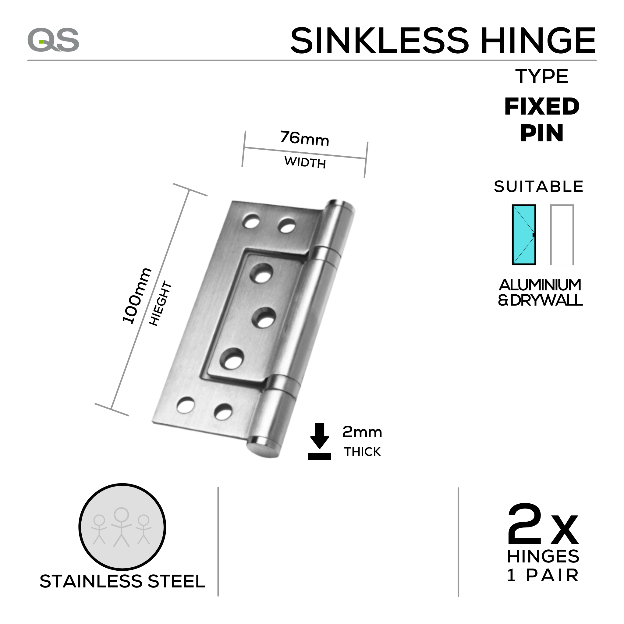 QS4441, Sinkless Hinge, Left Hand, 2 x Hinges (1 Pair), 100mm (h) x 76mm (w) x 2mm (t), Stainless Steel, QS