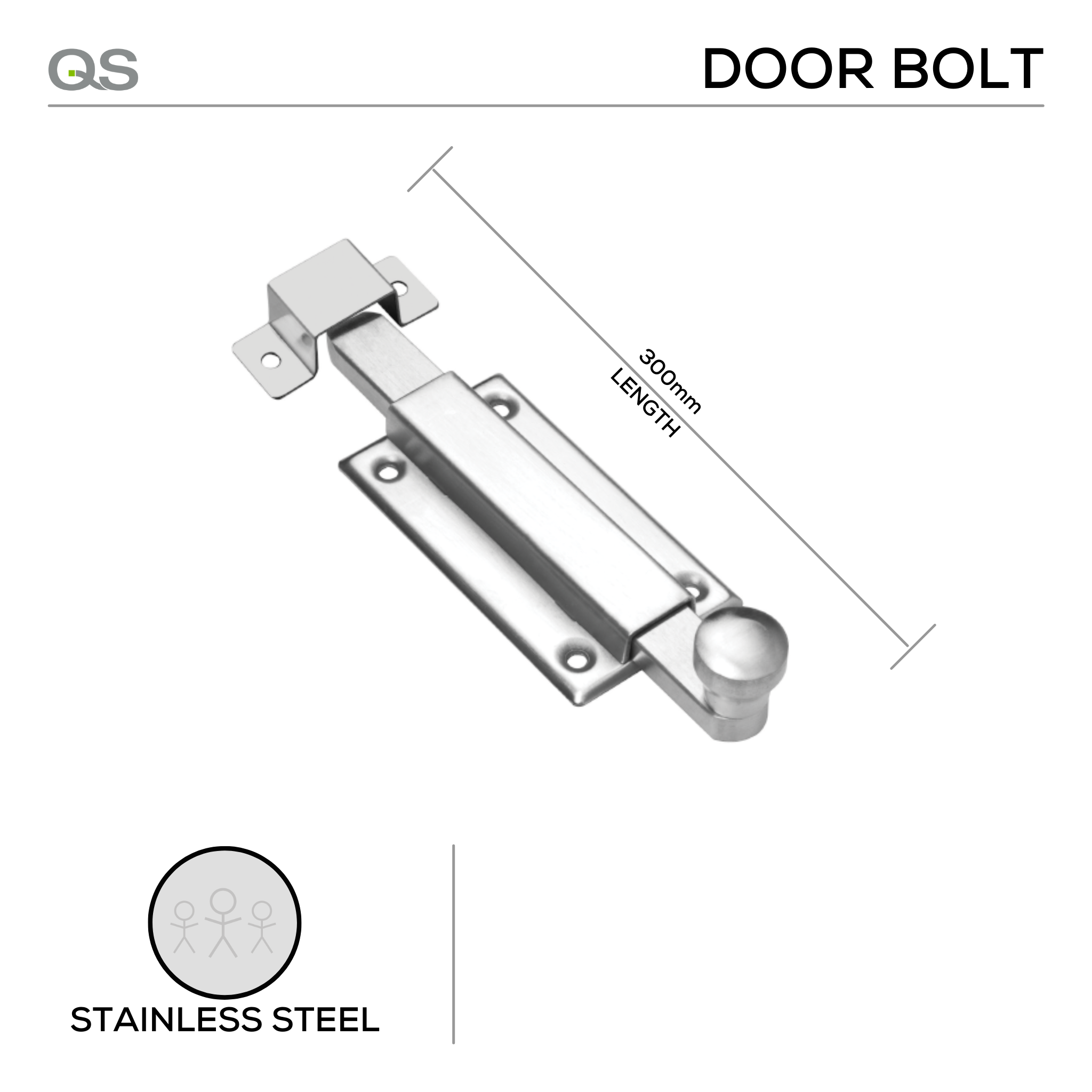 QS4443/2 300, Door Bolt, 300mm (l), Stainless Steel, QS